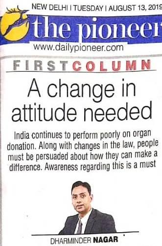 Coverage in the leading Newspaper- The Pioneer- A change in attitude needed – By Dr. Dharminder Nagar, MD- Paras Health