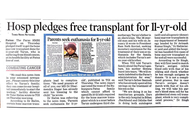Paras Hospital Patna Pledges Free Bone Marrow Transplant for 11 Yr Old